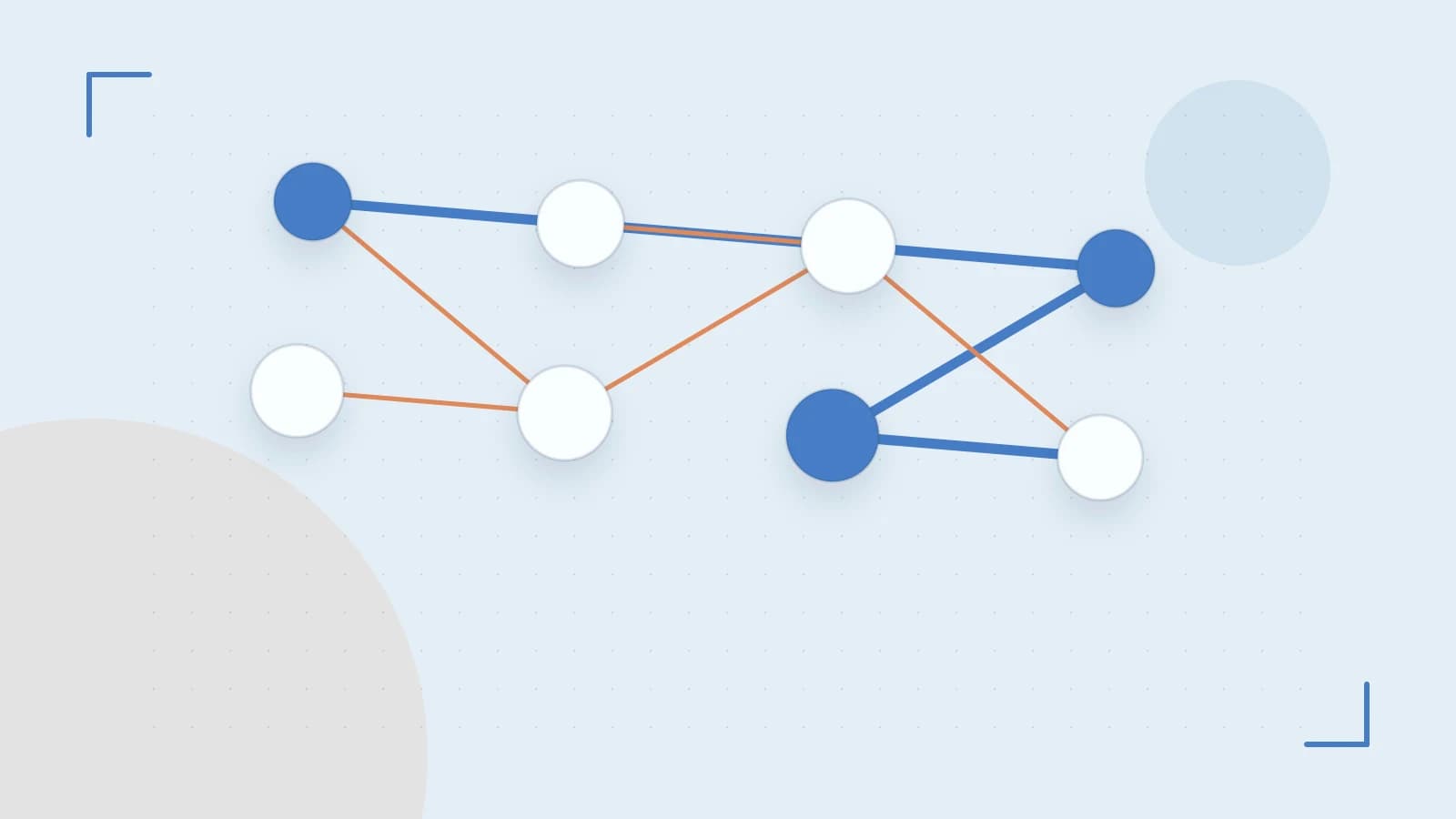 Editorial illustration of an algorithmic node graph with branching paths and a highlighted result
