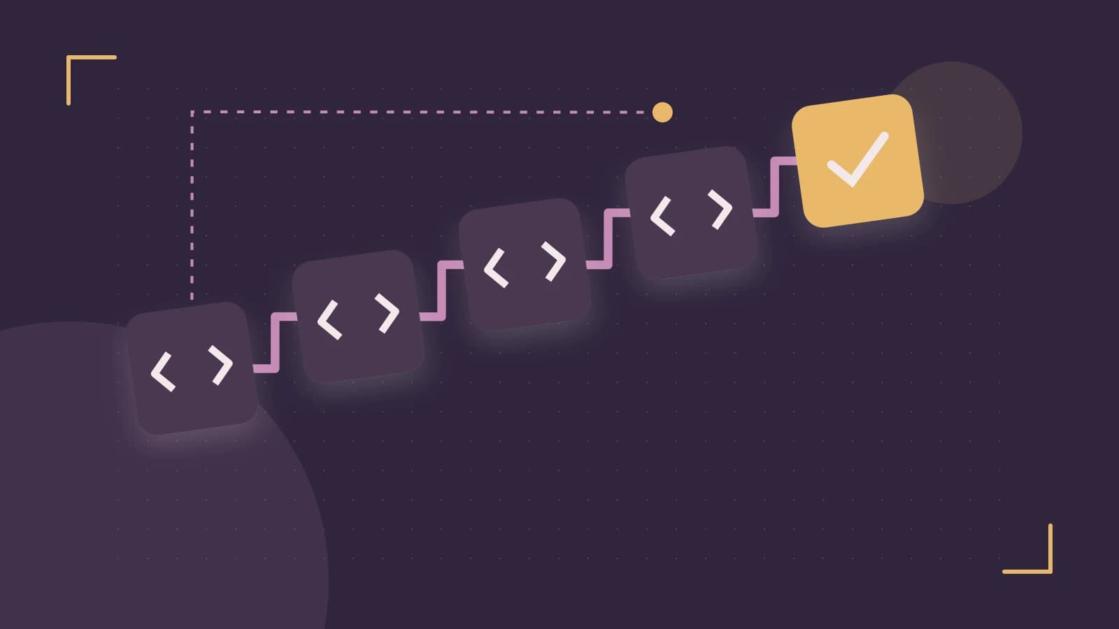Editorial illustration of a branching build pipeline, staged transformations and a completed check