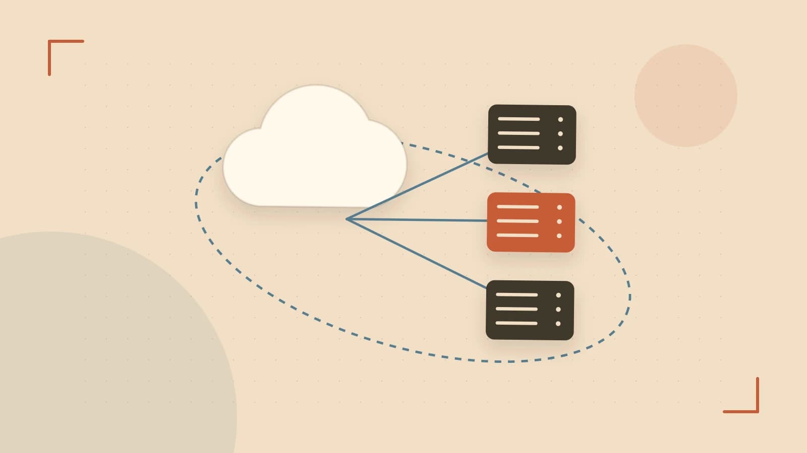 Editorial illustration of cloud infrastructure, connected server racks and an orbital service map