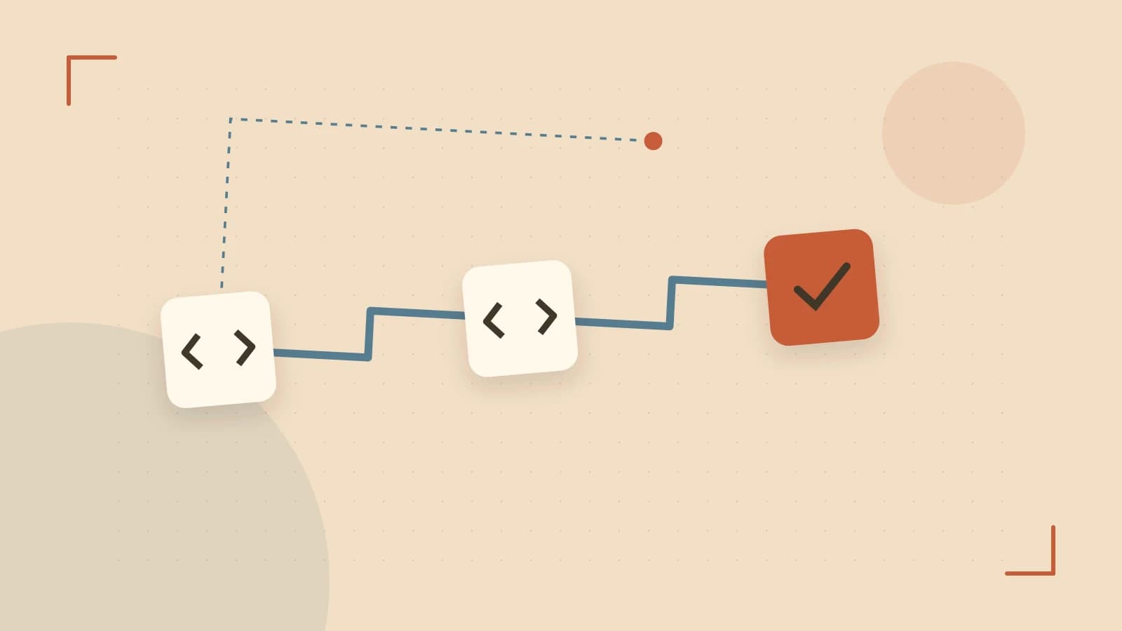 Editorial illustration of a branching build pipeline, staged transformations and a completed check