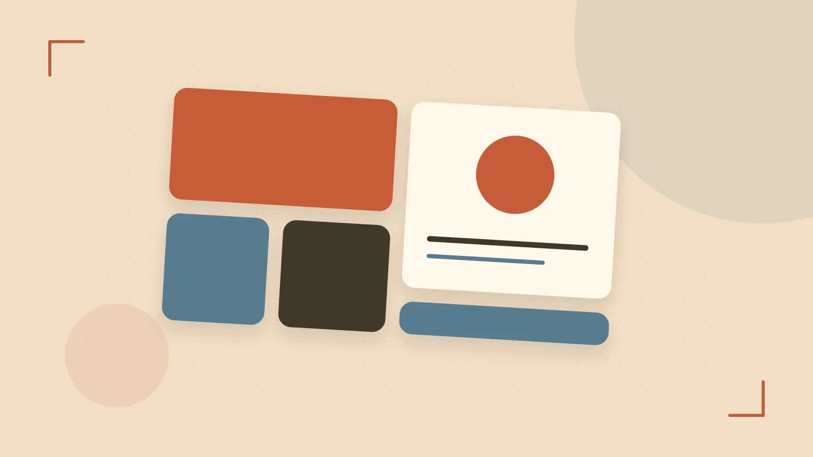 Editorial illustration of responsive browser layouts, overlapping design components and a color system