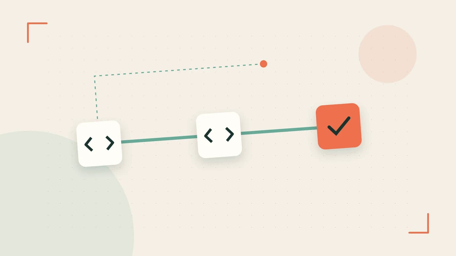 Editorial illustration of a branching build pipeline, staged transformations and a completed check