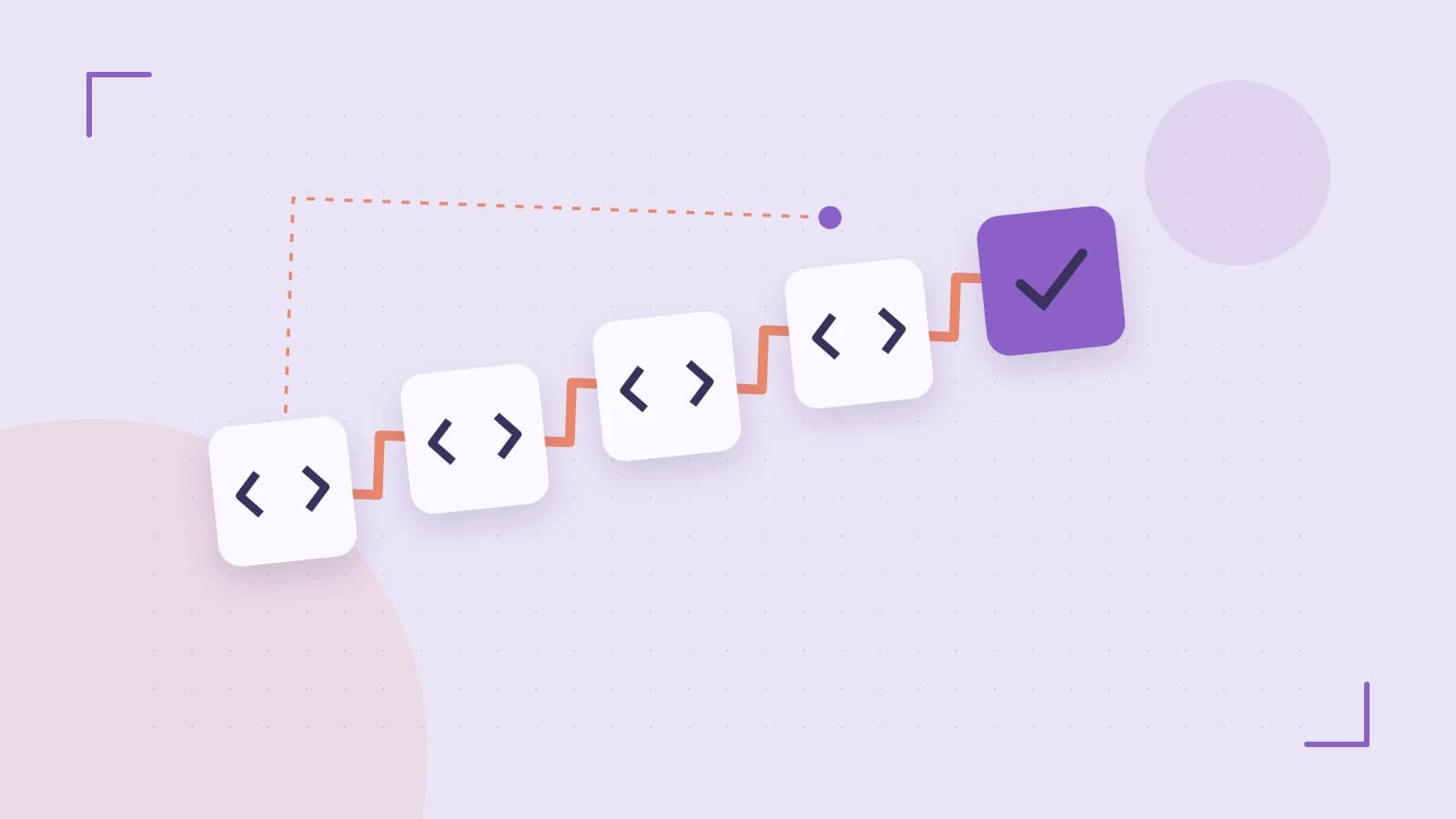 Editorial illustration of a branching build pipeline, staged transformations and a completed check