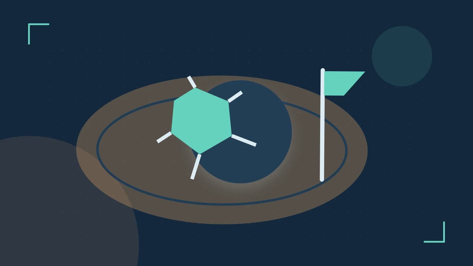 Editorial illustration of a stylized sports ball, stadium geometry and dynamic arcs