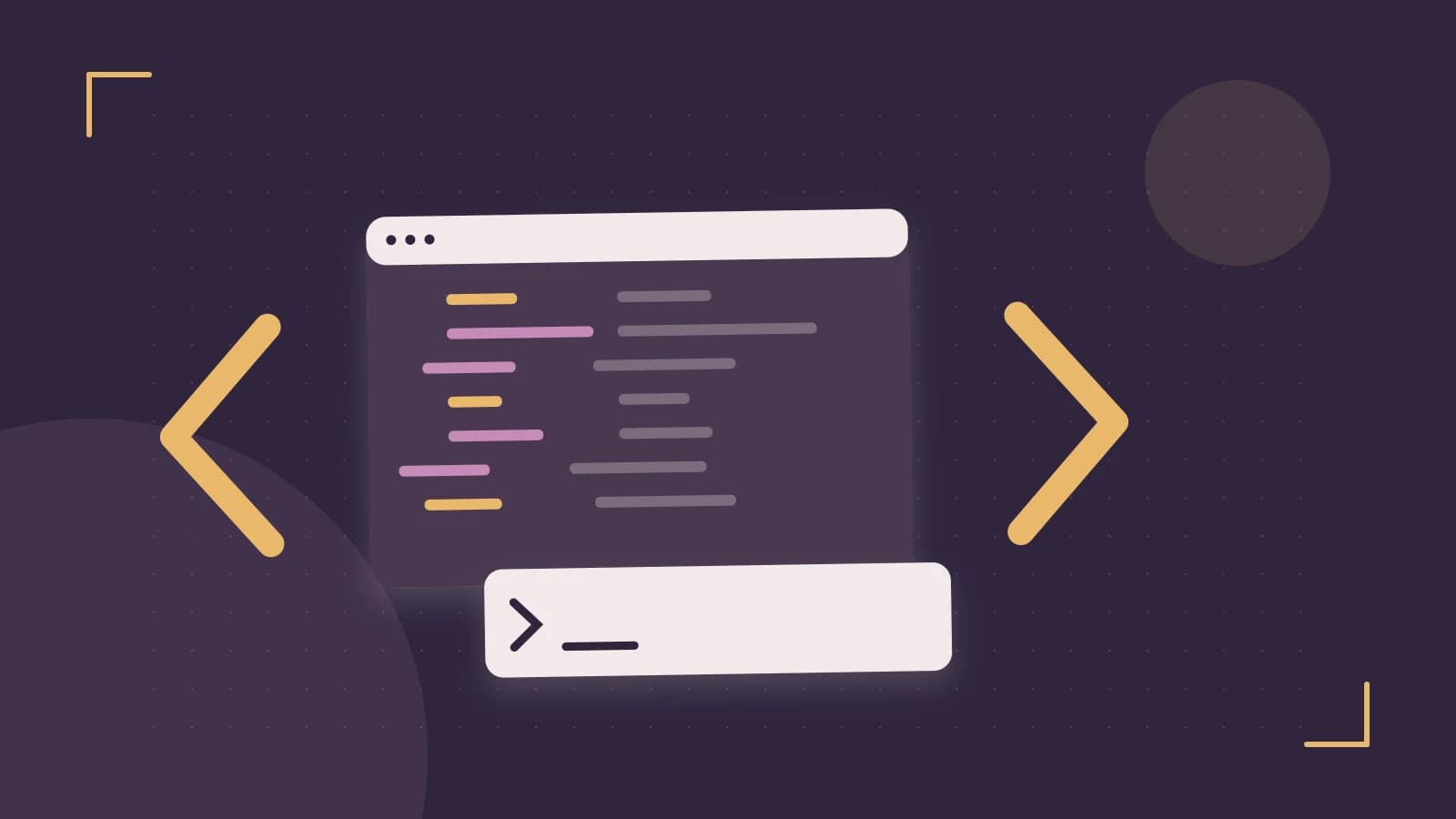 Editorial illustration of an abstract code editor, syntax blocks and oversized programming brackets