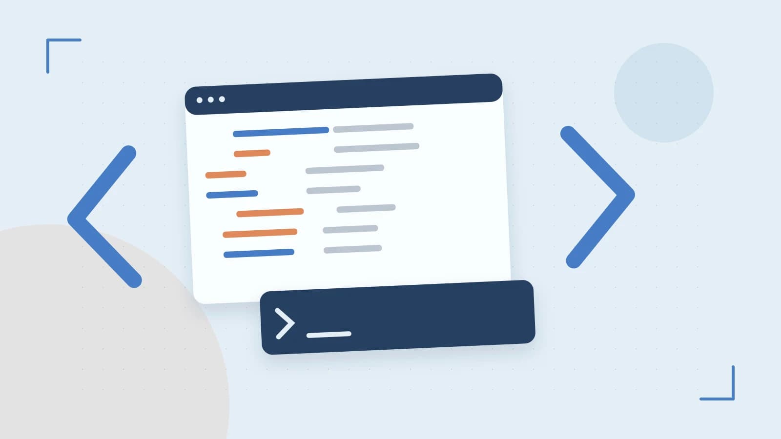 Editorial illustration of an abstract code editor, syntax blocks and oversized programming brackets