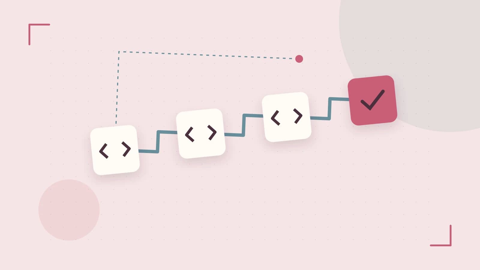 Editorial illustration of a branching build pipeline, staged transformations and a completed check