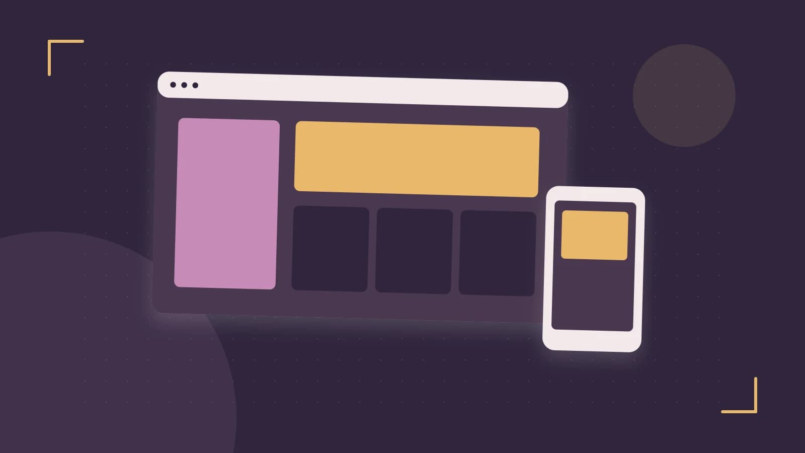 Editorial illustration of responsive browser layouts, overlapping design components and a color system