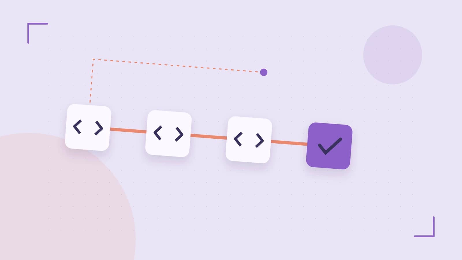 Editorial illustration of a branching build pipeline, staged transformations and a completed check