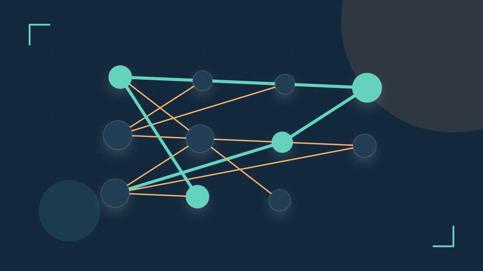 Editorial illustration of an algorithmic node graph with branching paths and a highlighted result