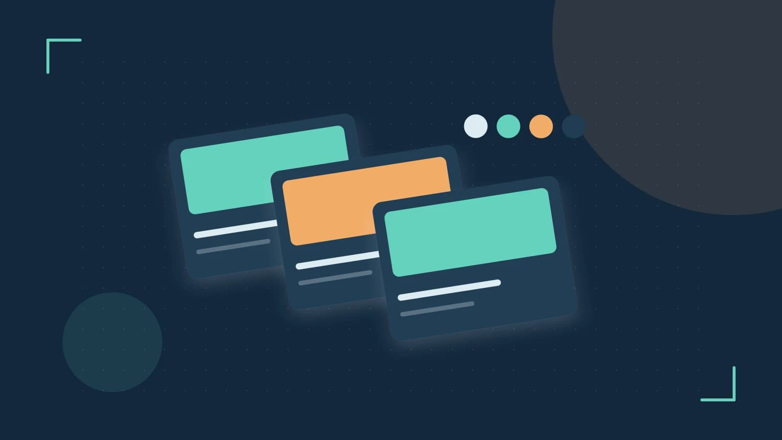 Editorial illustration of responsive browser layouts, overlapping design components and a color system