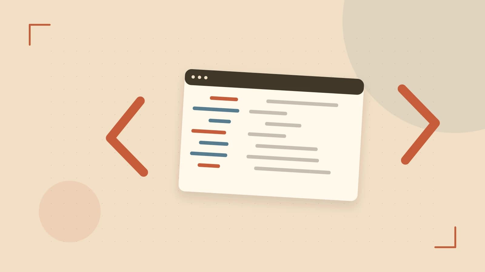 Editorial illustration of an abstract code editor, syntax blocks and oversized programming brackets