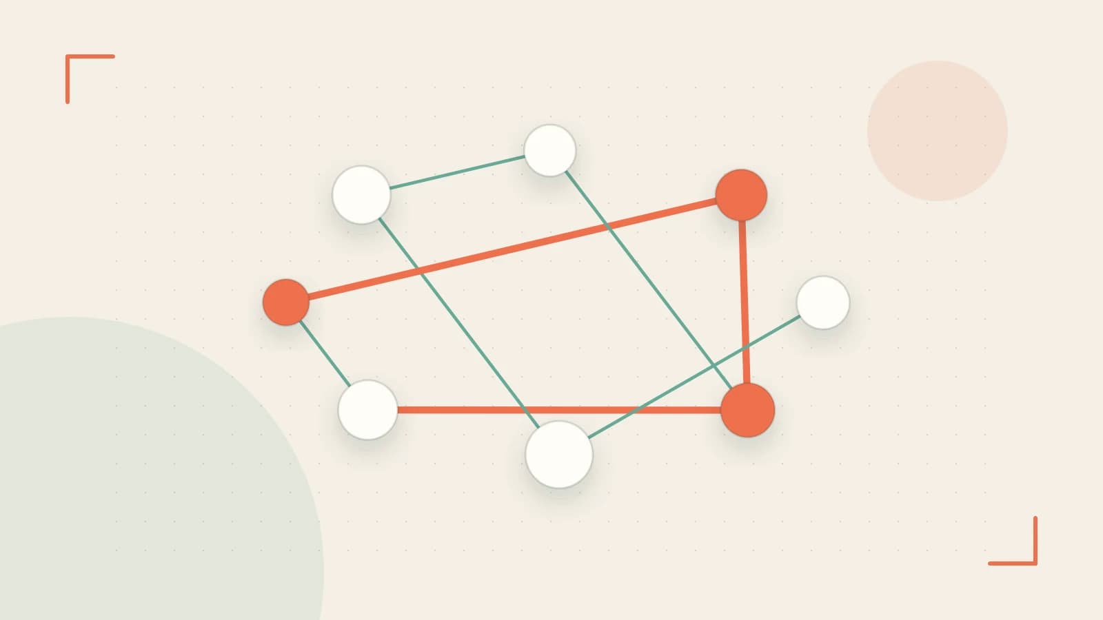 Editorial illustration of an algorithmic node graph with branching paths and a highlighted result