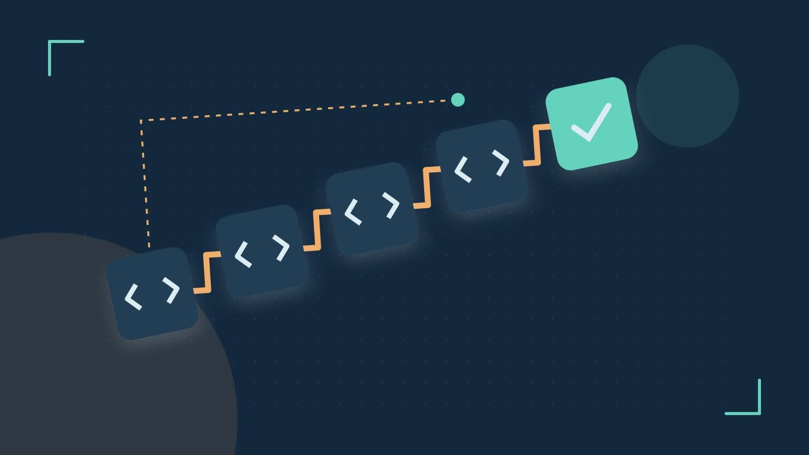 Editorial illustration of a branching build pipeline, staged transformations and a completed check