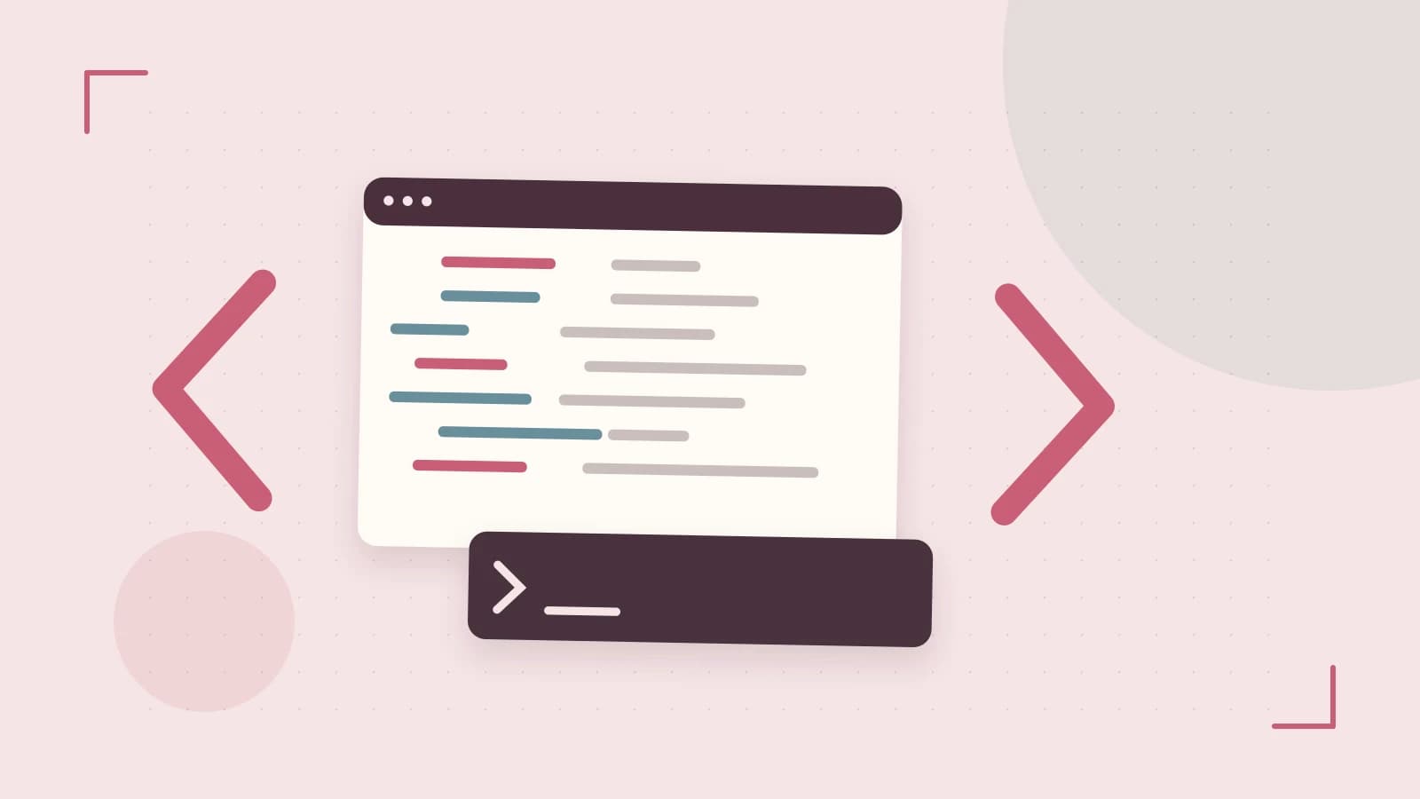 Editorial illustration of an abstract code editor, syntax blocks and oversized programming brackets