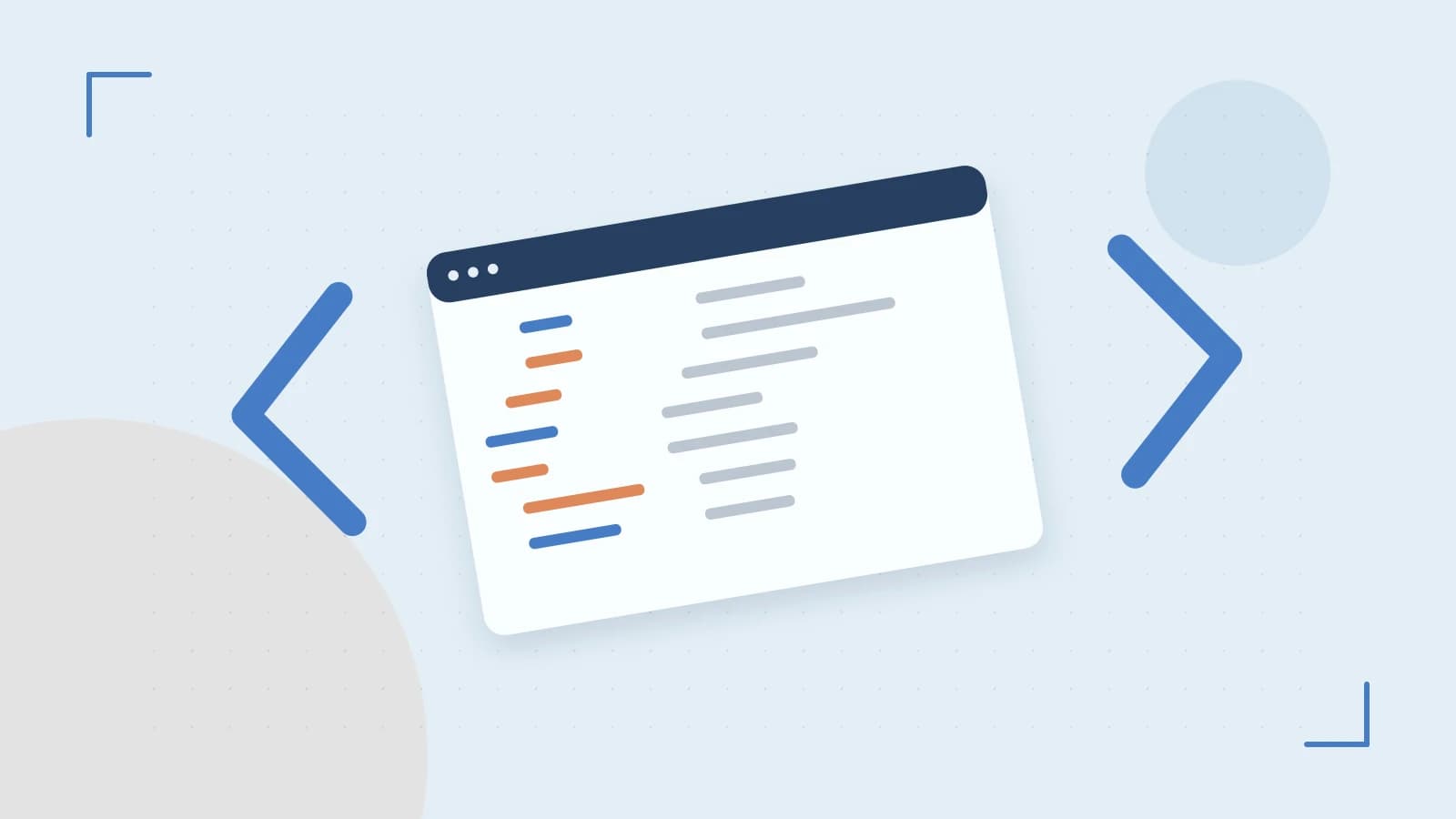 Editorial illustration of an abstract code editor, syntax blocks and oversized programming brackets