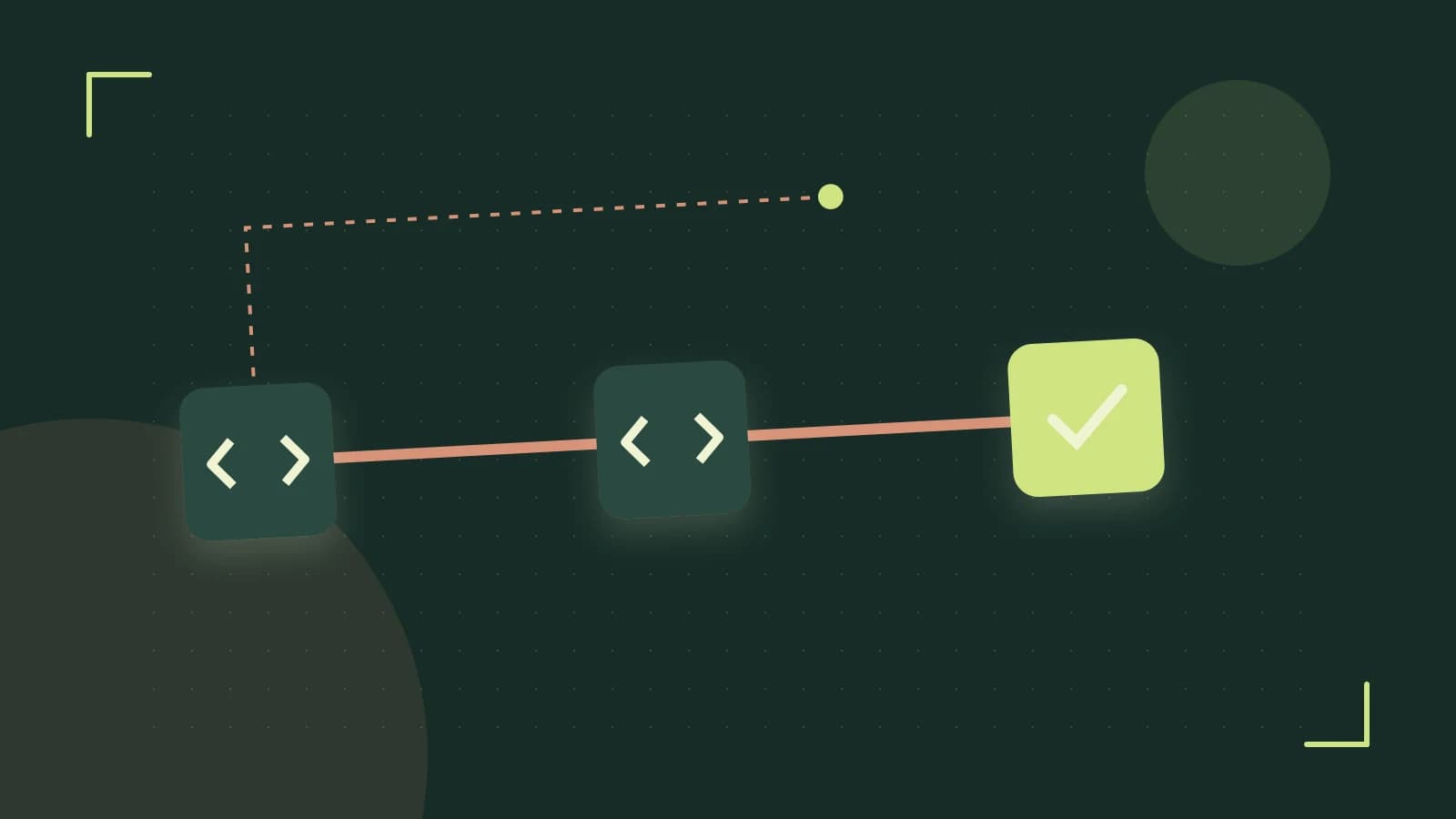 Editorial illustration of a branching build pipeline, staged transformations and a completed check