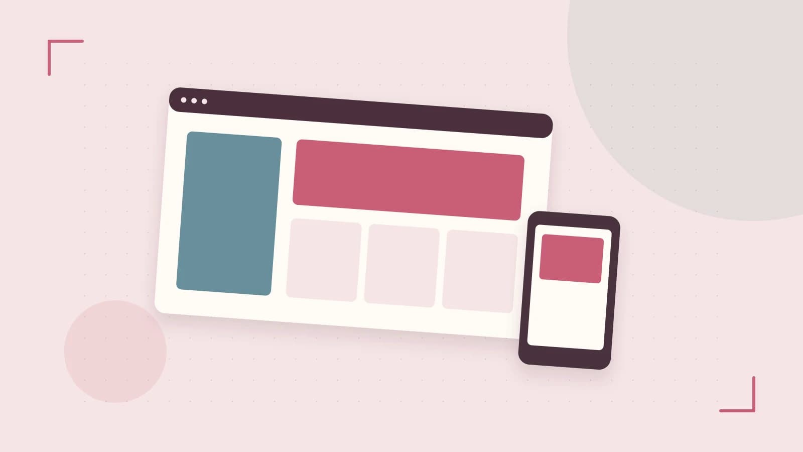 Editorial illustration of responsive browser layouts, overlapping design components and a color system