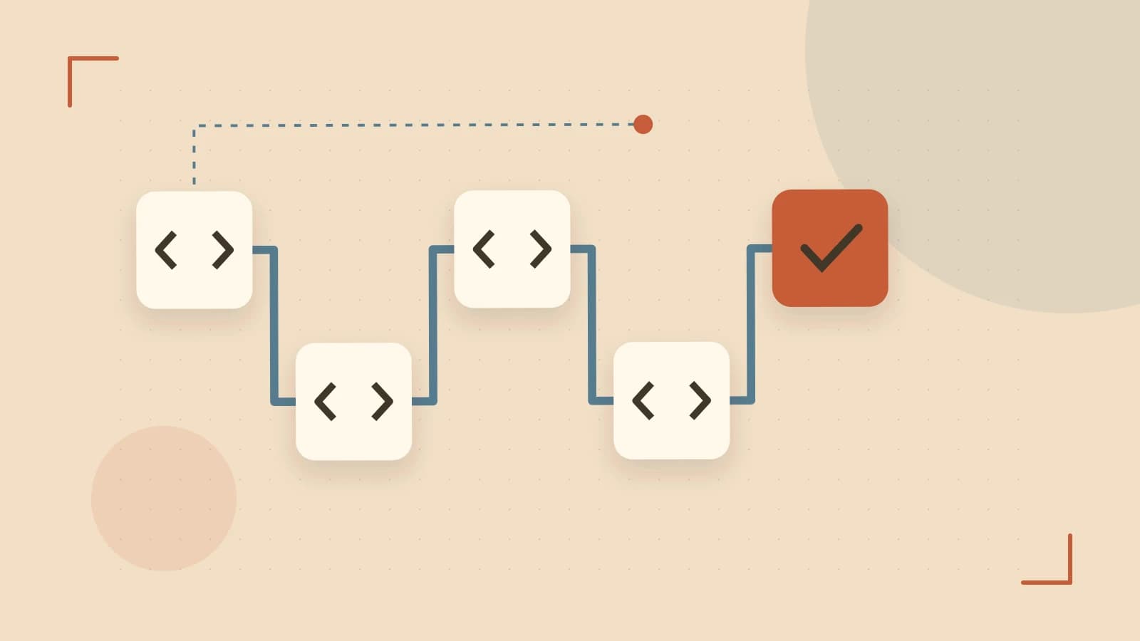 Editorial illustration of a branching build pipeline, staged transformations and a completed check