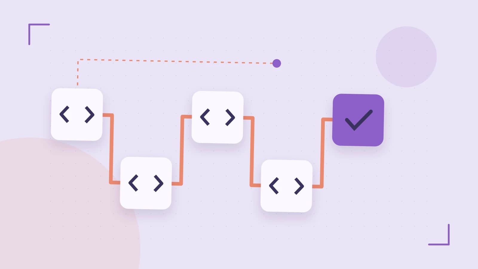 Editorial illustration of a branching build pipeline, staged transformations and a completed check