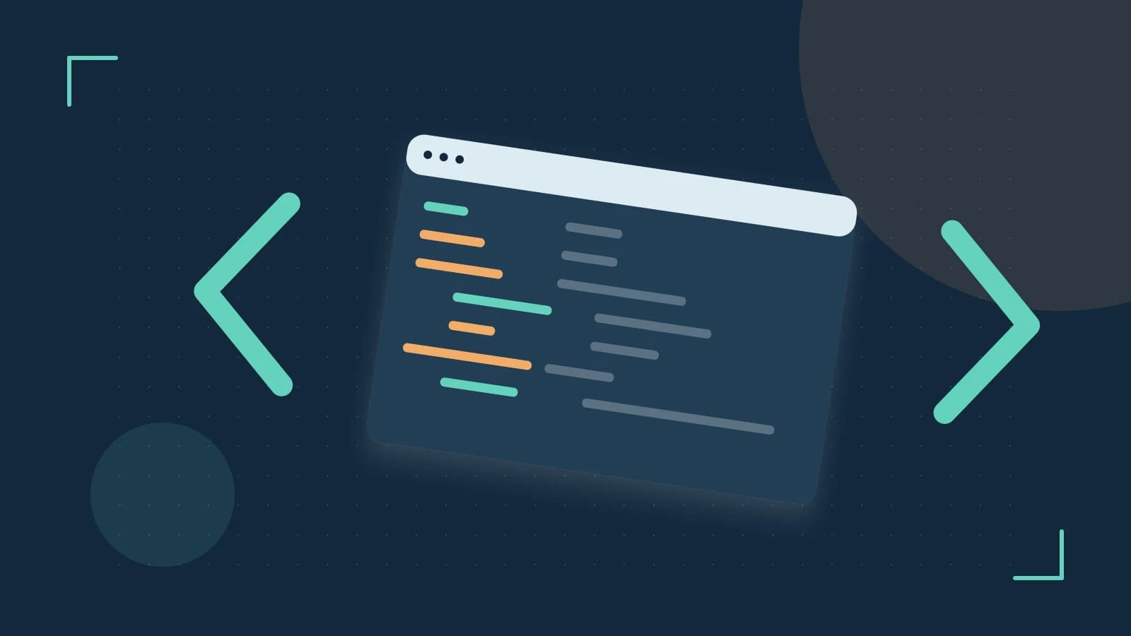 Editorial illustration of an abstract code editor, syntax blocks and oversized programming brackets