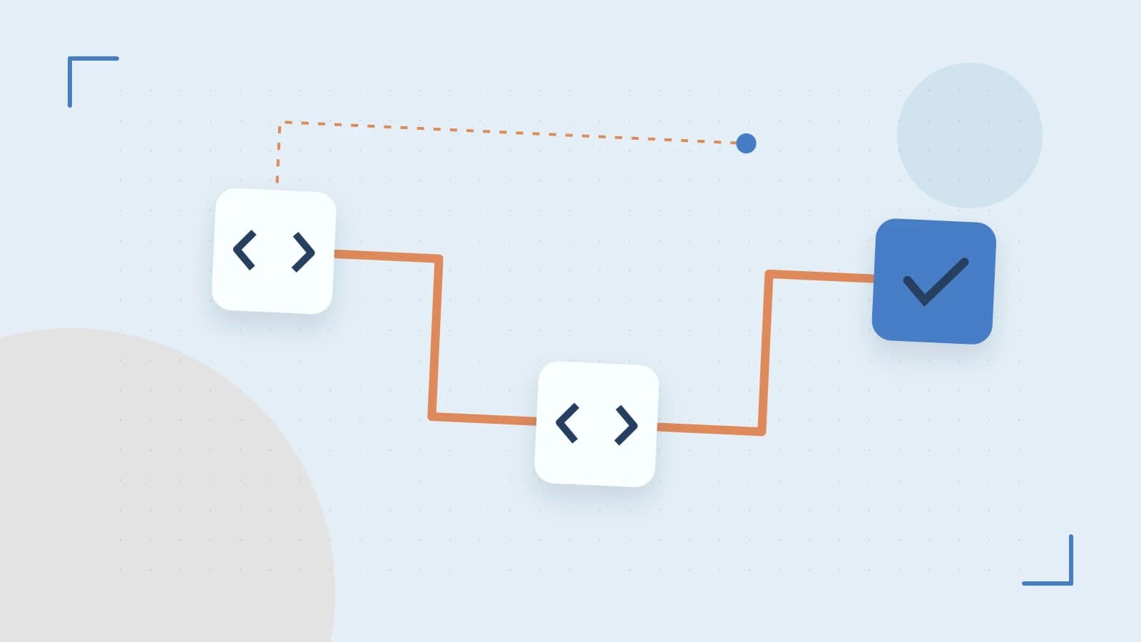 Editorial illustration of a branching build pipeline, staged transformations and a completed check
