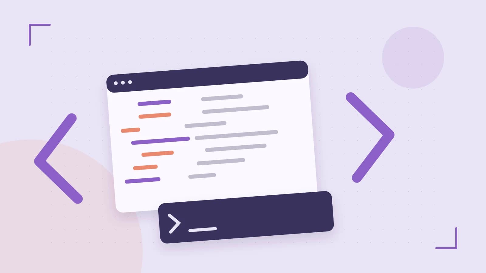 Editorial illustration of an abstract code editor, syntax blocks and oversized programming brackets