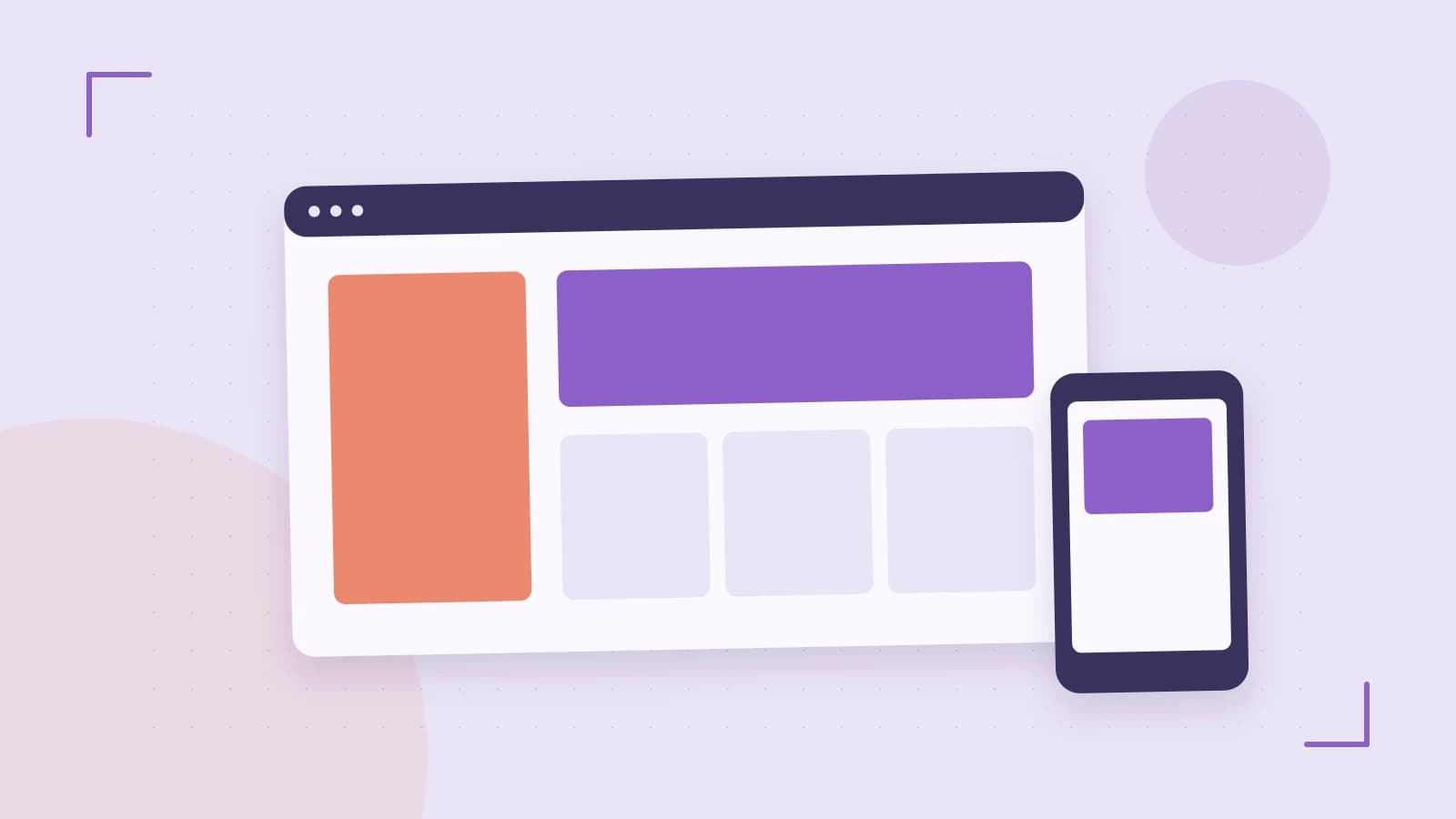 Editorial illustration of responsive browser layouts, overlapping design components and a color system