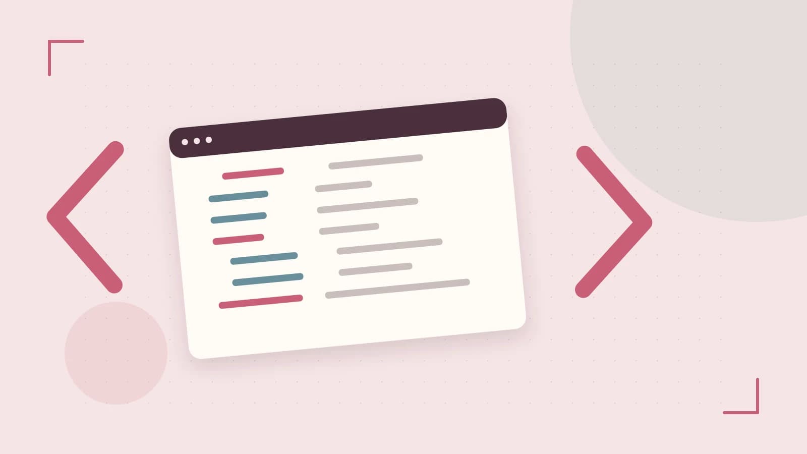 Editorial illustration of an abstract code editor, syntax blocks and oversized programming brackets