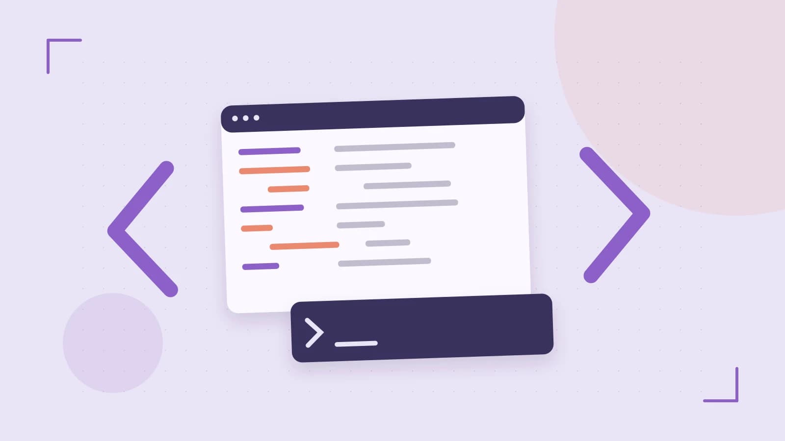 Editorial illustration of an abstract code editor, syntax blocks and oversized programming brackets
