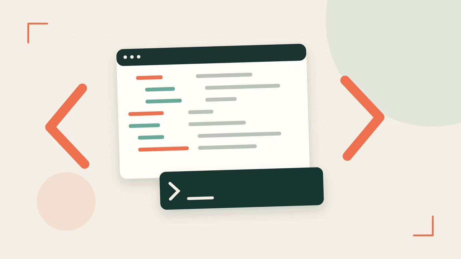 Editorial illustration of an abstract code editor, syntax blocks and oversized programming brackets