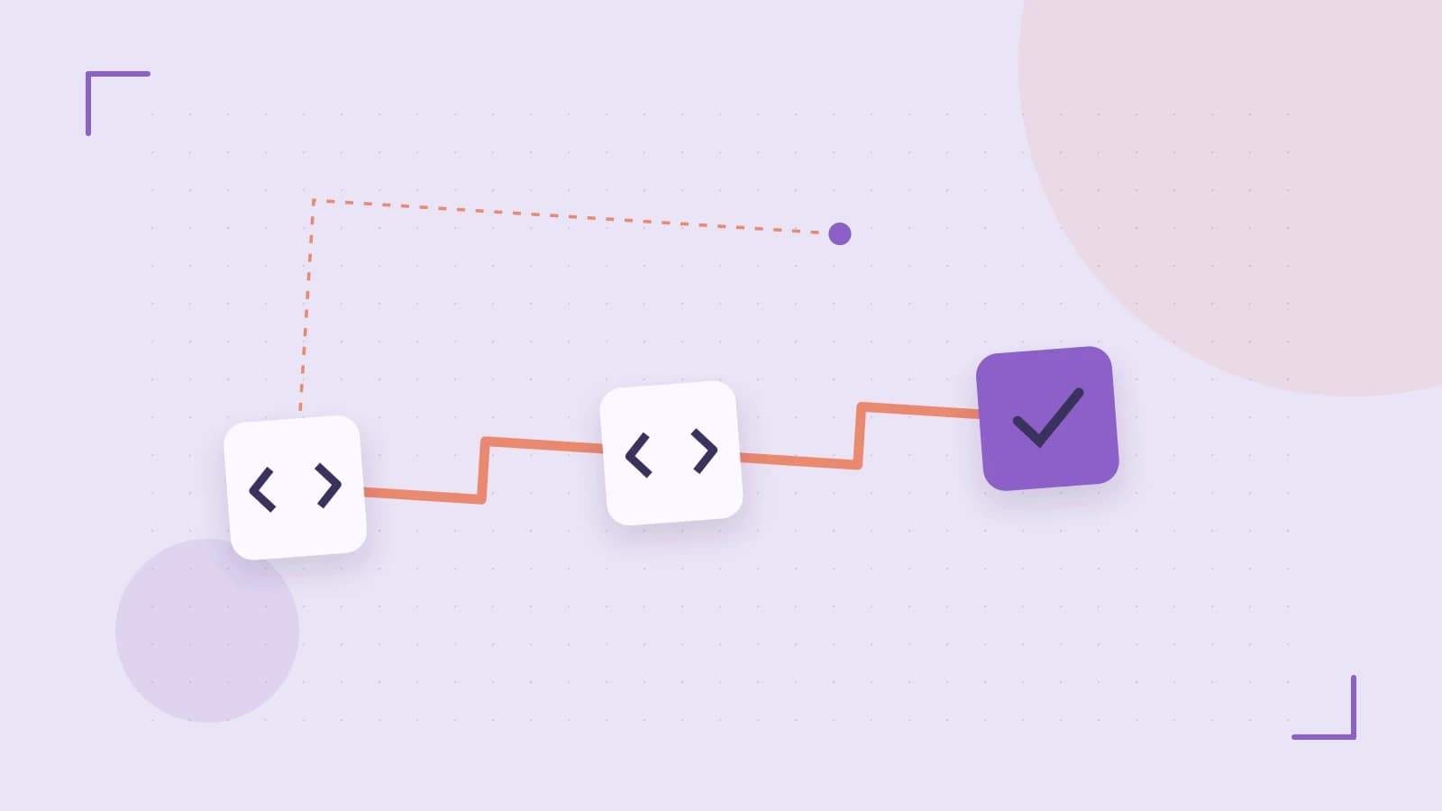 Editorial illustration of a branching build pipeline, staged transformations and a completed check