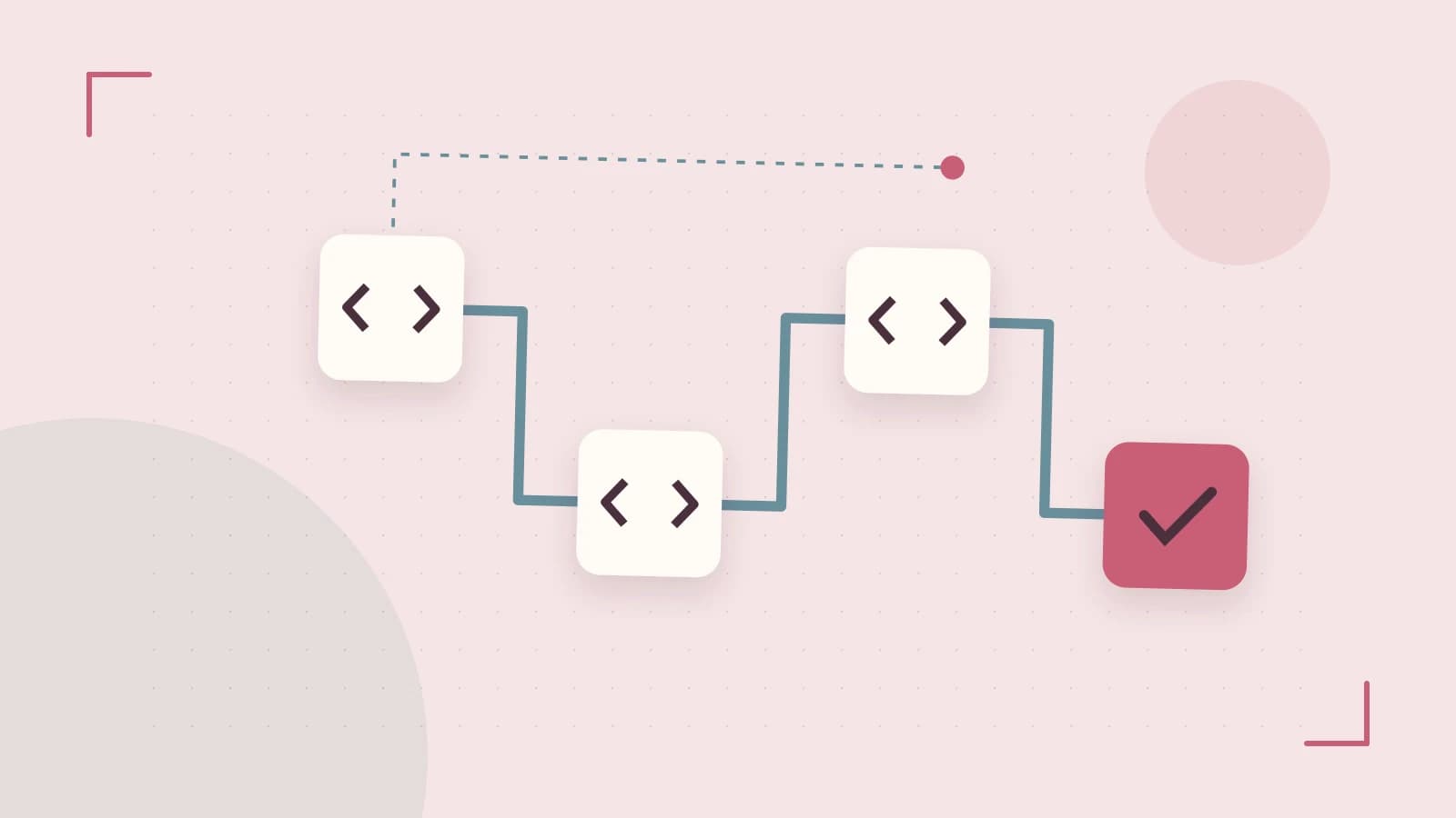 Editorial illustration of a branching build pipeline, staged transformations and a completed check