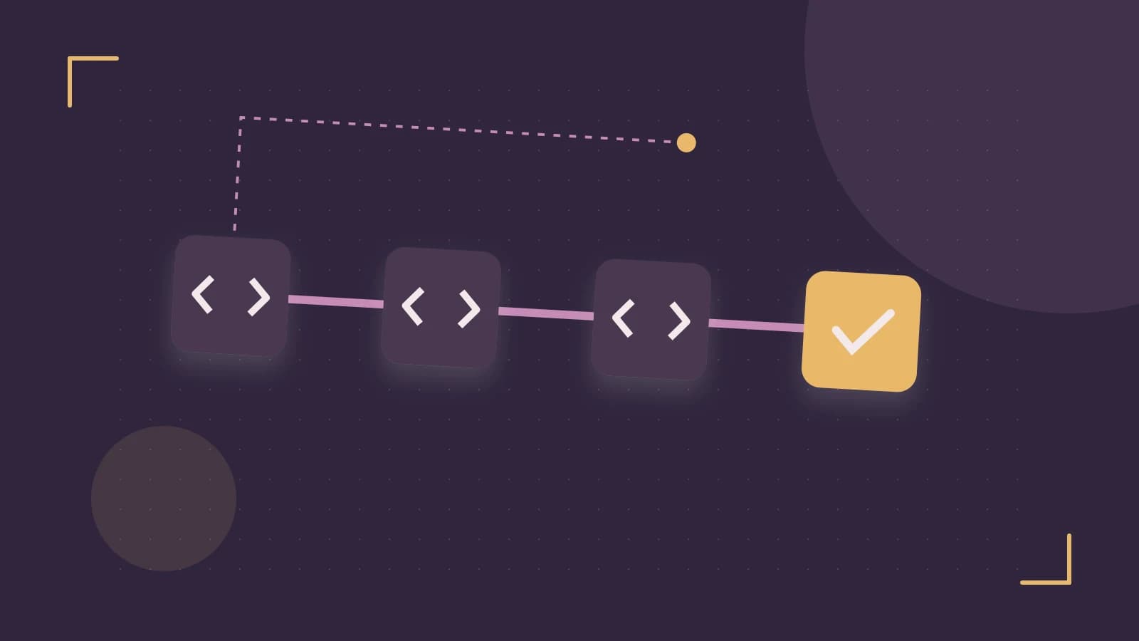 Editorial illustration of a branching build pipeline, staged transformations and a completed check