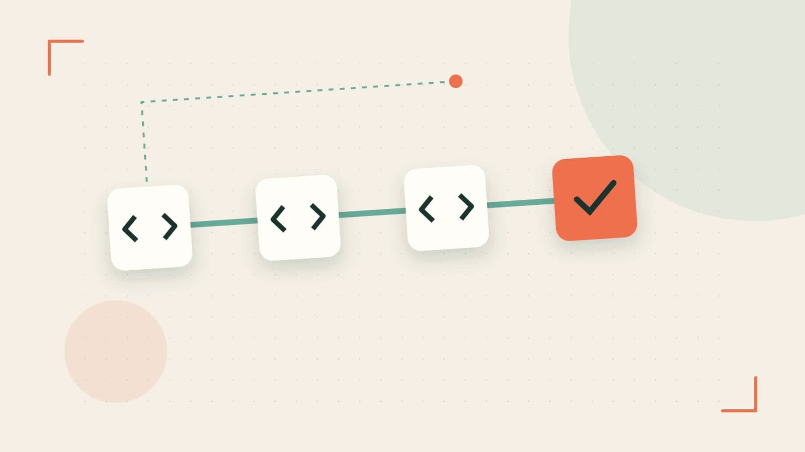 Editorial illustration of a branching build pipeline, staged transformations and a completed check