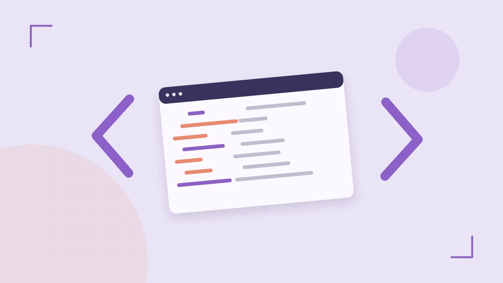 Editorial illustration of an abstract code editor, syntax blocks and oversized programming brackets