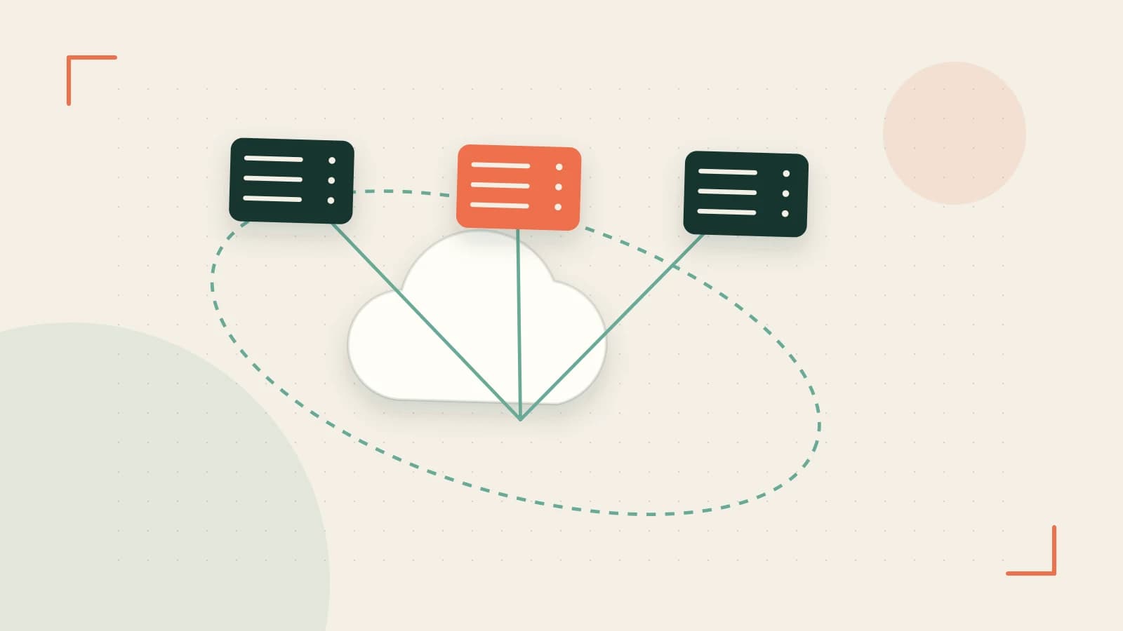 Editorial illustration of cloud infrastructure, connected server racks and an orbital service map