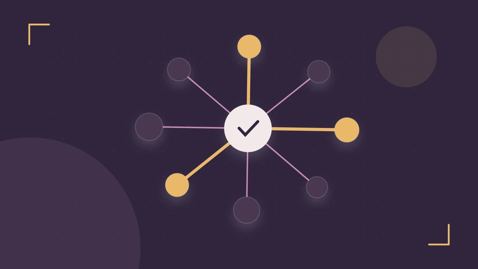 Editorial illustration of an algorithmic node graph with branching paths and a highlighted result