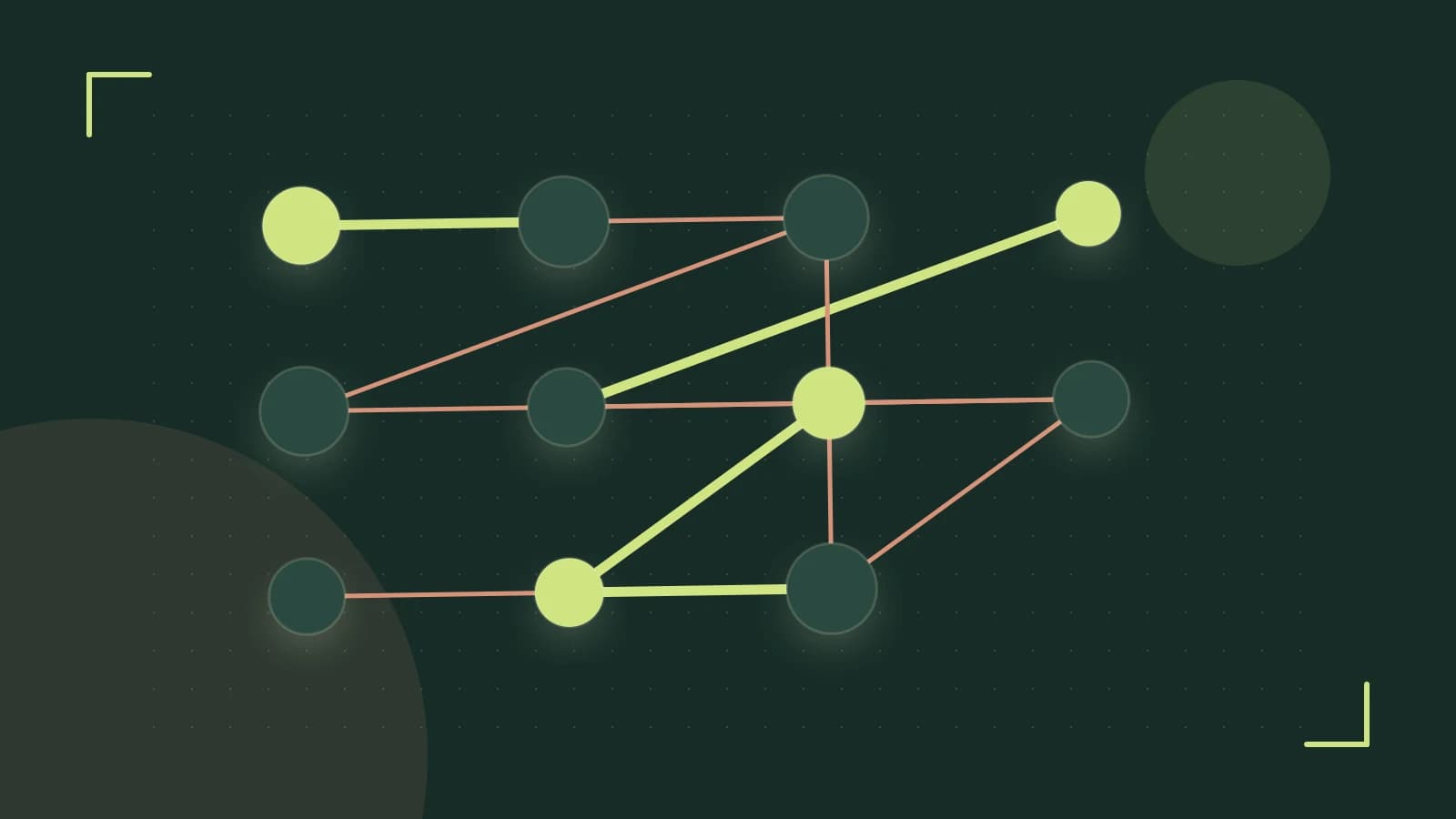 Editorial illustration of an algorithmic node graph with branching paths and a highlighted result