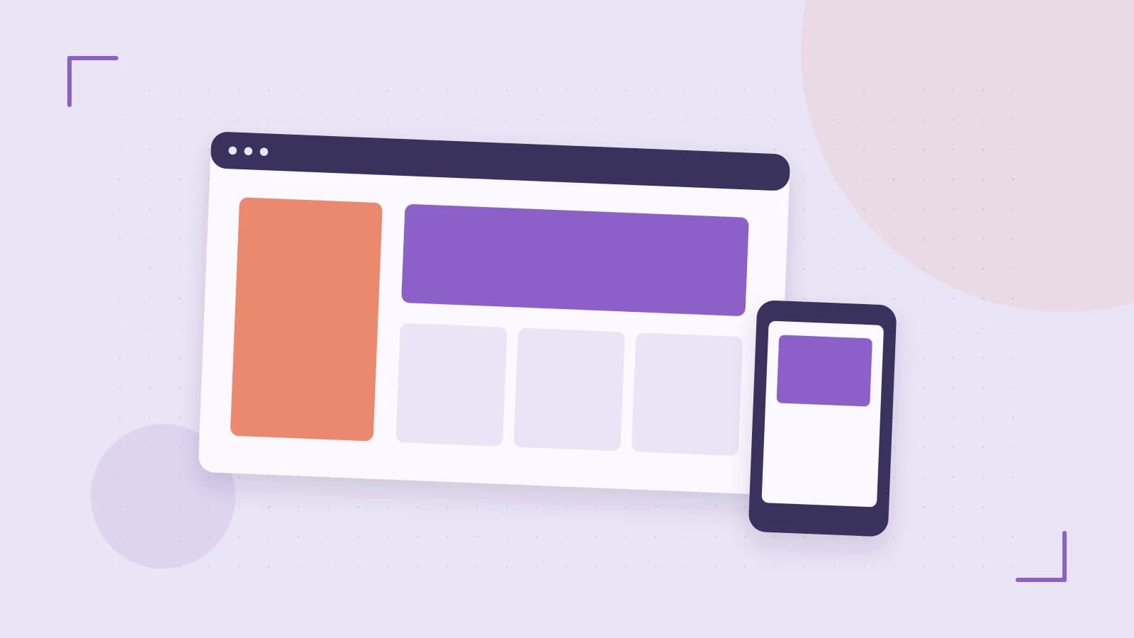 Editorial illustration of responsive browser layouts, overlapping design components and a color system