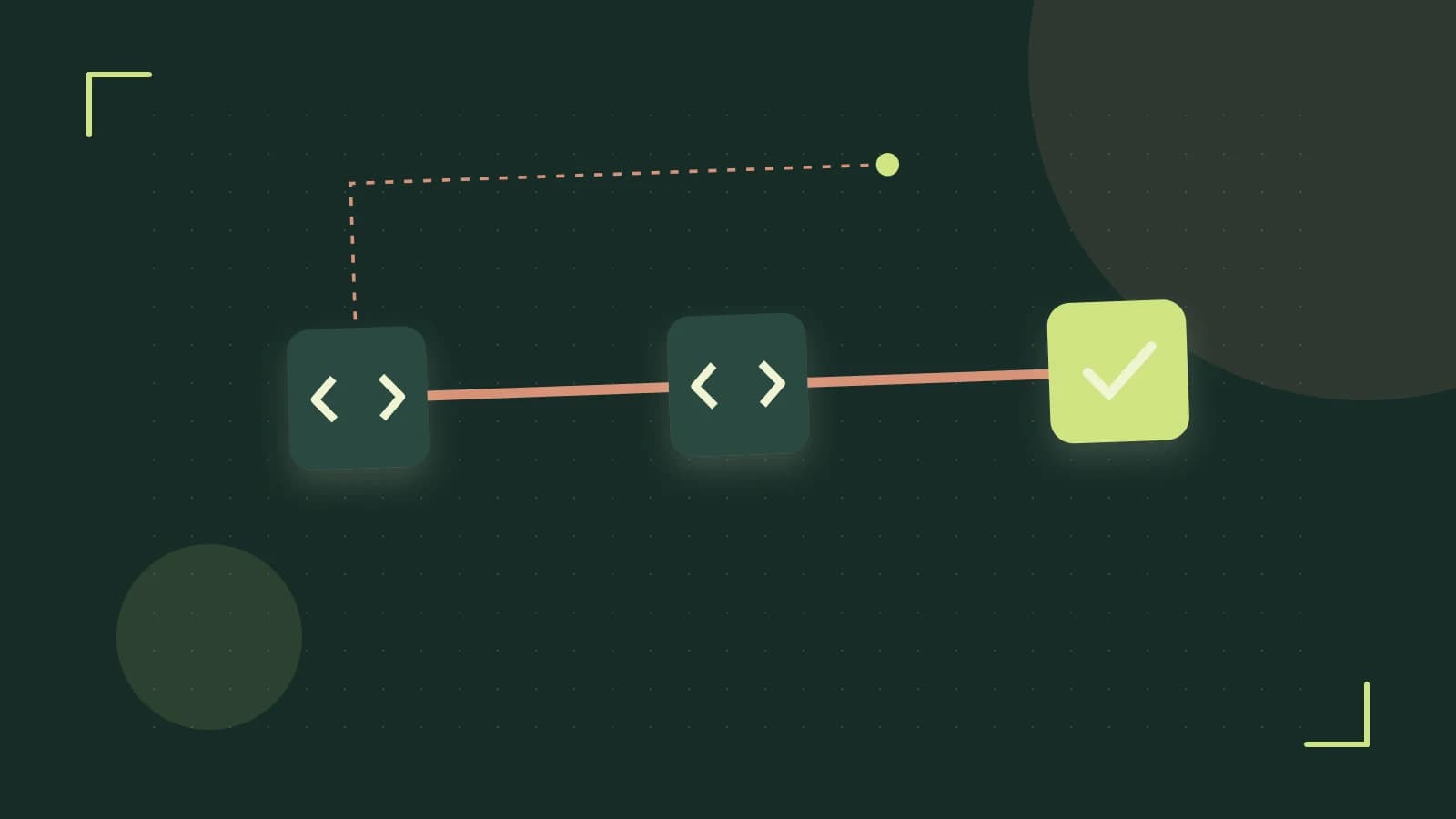 Editorial illustration of a branching build pipeline, staged transformations and a completed check