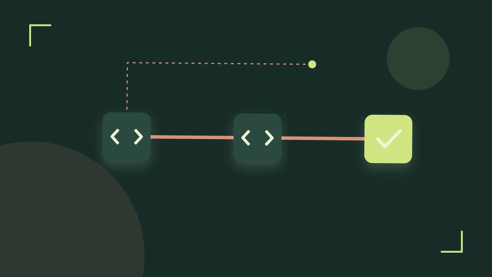 Editorial illustration of a branching build pipeline, staged transformations and a completed check