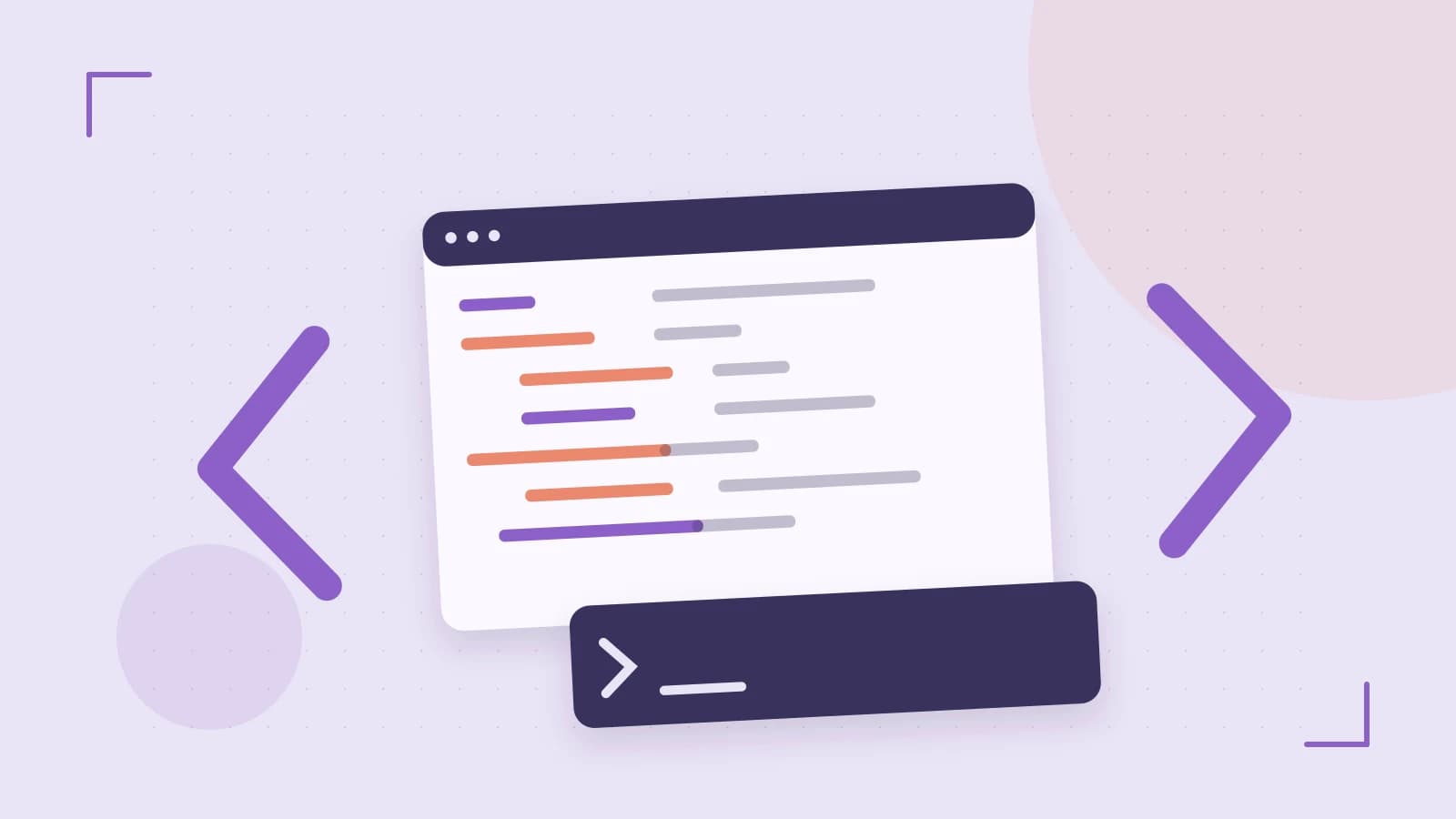 Editorial illustration of an abstract code editor, syntax blocks and oversized programming brackets