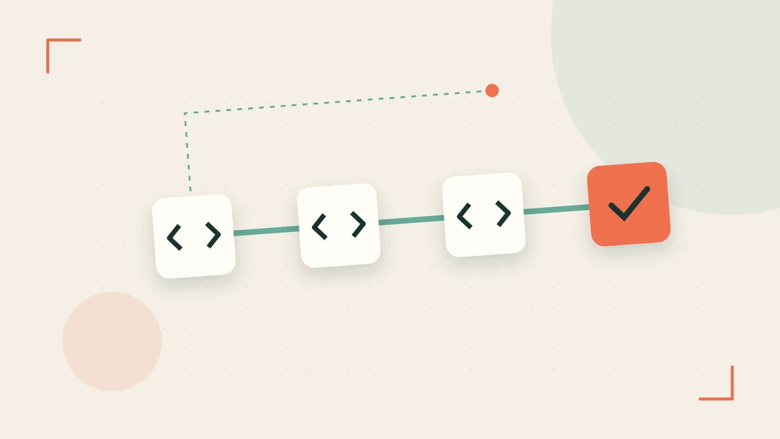 Editorial illustration of a branching build pipeline, staged transformations and a completed check