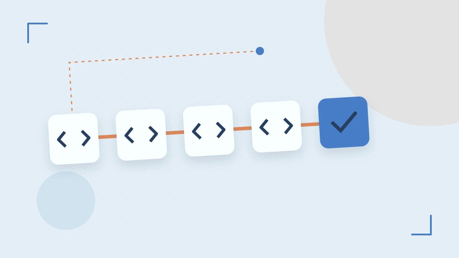 Editorial illustration of a branching build pipeline, staged transformations and a completed check