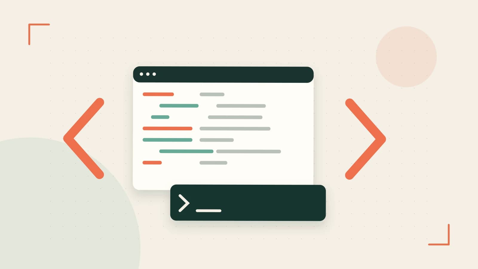 Editorial illustration of an abstract code editor, syntax blocks and oversized programming brackets