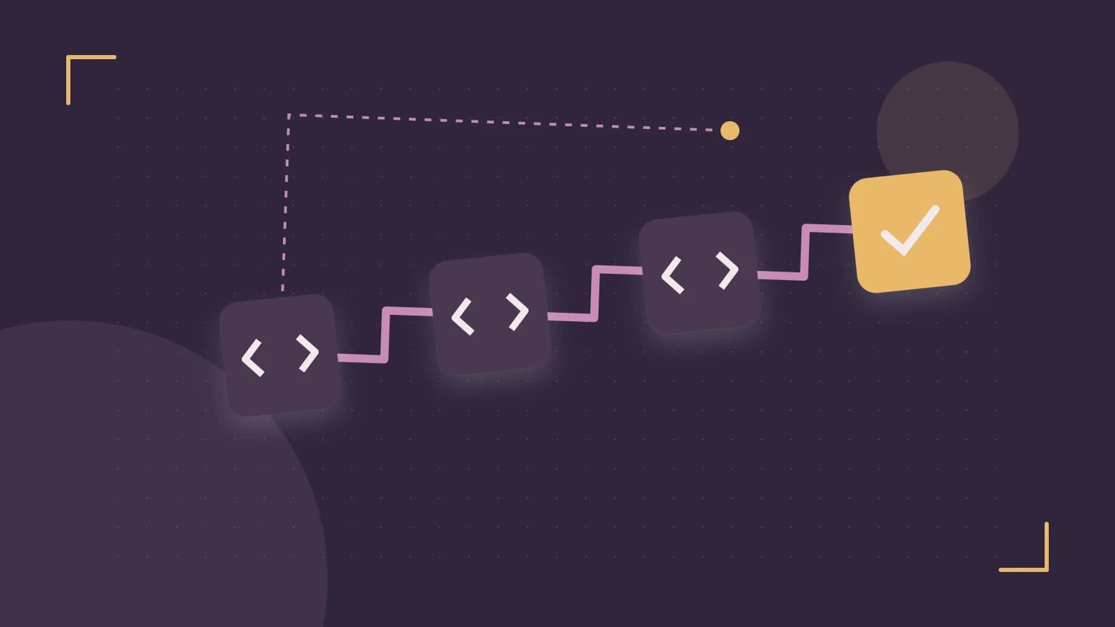 Editorial illustration of a branching build pipeline, staged transformations and a completed check