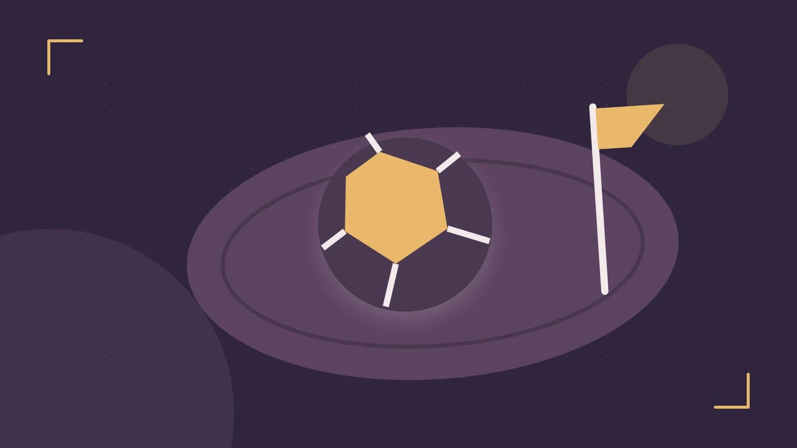 Editorial illustration of a stylized sports ball, stadium geometry and dynamic arcs
