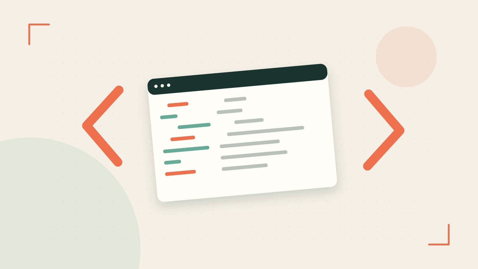 Editorial illustration of an abstract code editor, syntax blocks and oversized programming brackets