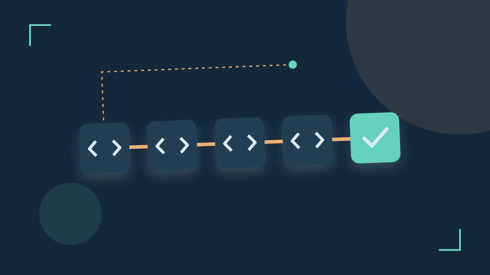 Editorial illustration of a branching build pipeline, staged transformations and a completed check